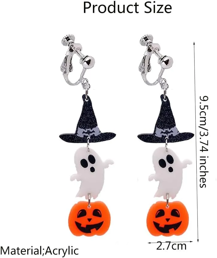 Acrylic Halloween Clip on Earrings Pumpkin Ghost Clip on Earrings Bat Earrings Halloween Jewelry Holiday Earrings