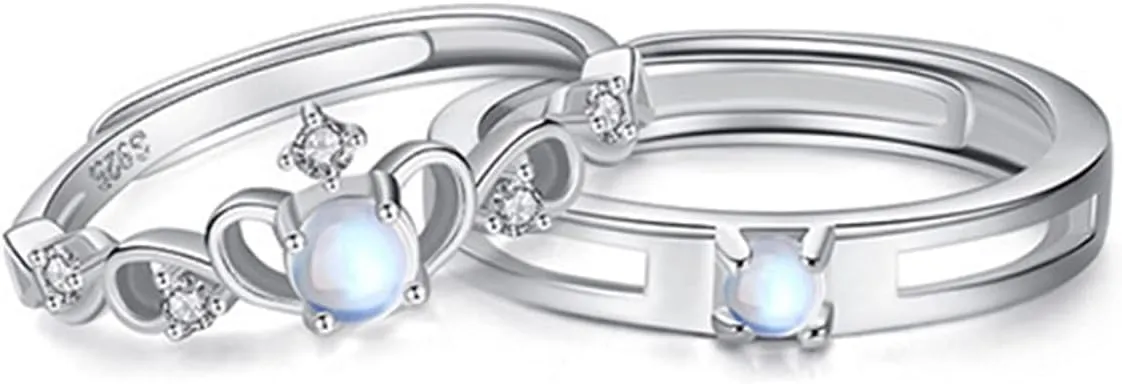 Adjustable Couple Rings Set, Sterling Silver 925 Rings Engraved Polished Crown Ring with Moonstone