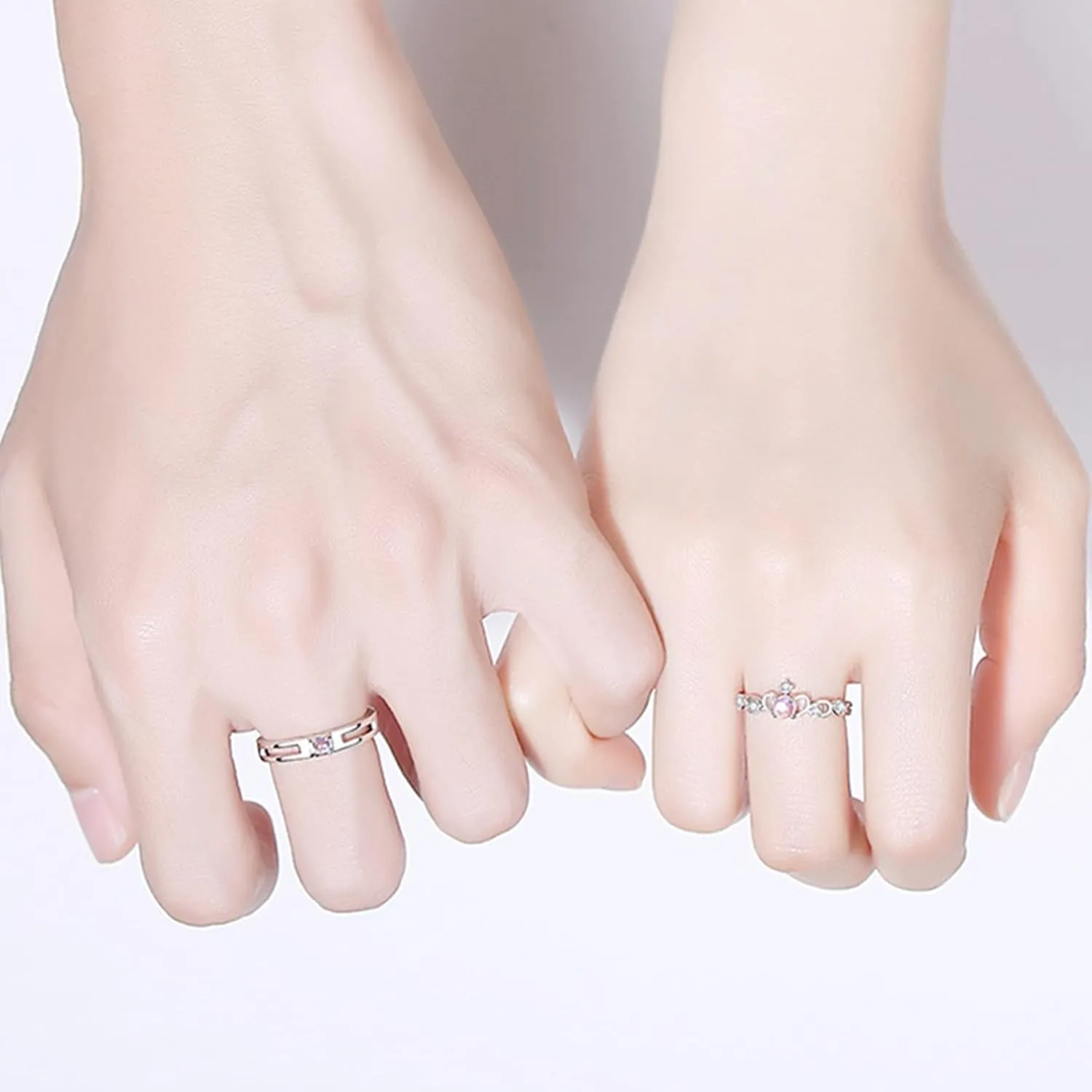 Adjustable Couple Rings Set, Sterling Silver 925 Rings Engraved Polished Crown Ring with Moonstone