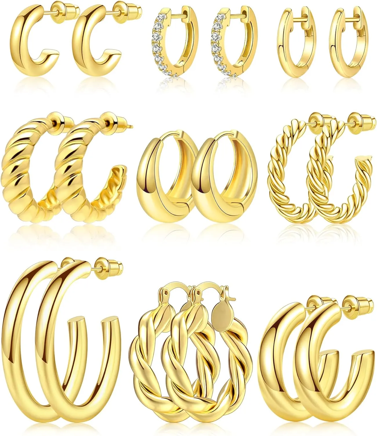 Adoyi 9 Pairs Gold Hoop Earrings Set for Womens Twisted Huggie Hoops Earrings 14K 18K Gold Plated for Girls Valentines Mother's Day Birthday Gifts Lightweight