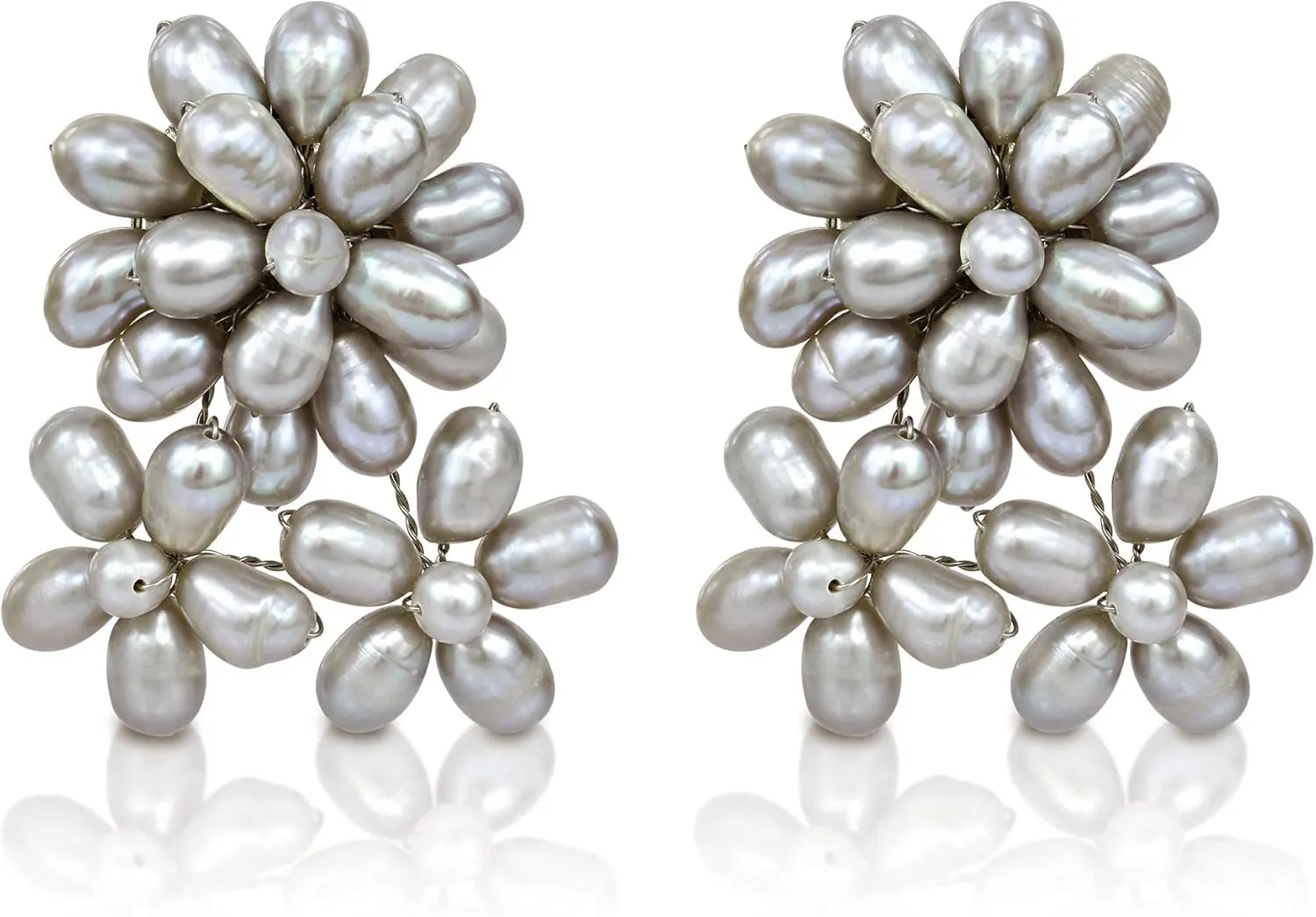 AeraVida Blooming Floral Romance Gray Pearl Clip-On Earrings | Elegant Floral Sterling Silver and Pearl Clip-On Earrings for Women
