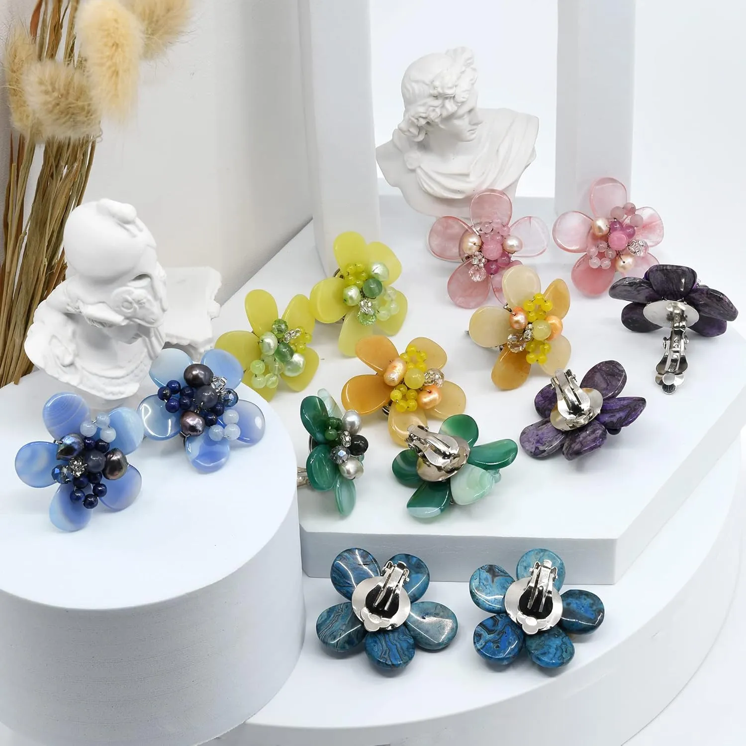 Aeravida Cute Tropical Flower Stone Clip-On Earrings | Elegant Chic Handmade Jewelry | Handmade Simulated Clip-On Jade Statement Earrings for Women