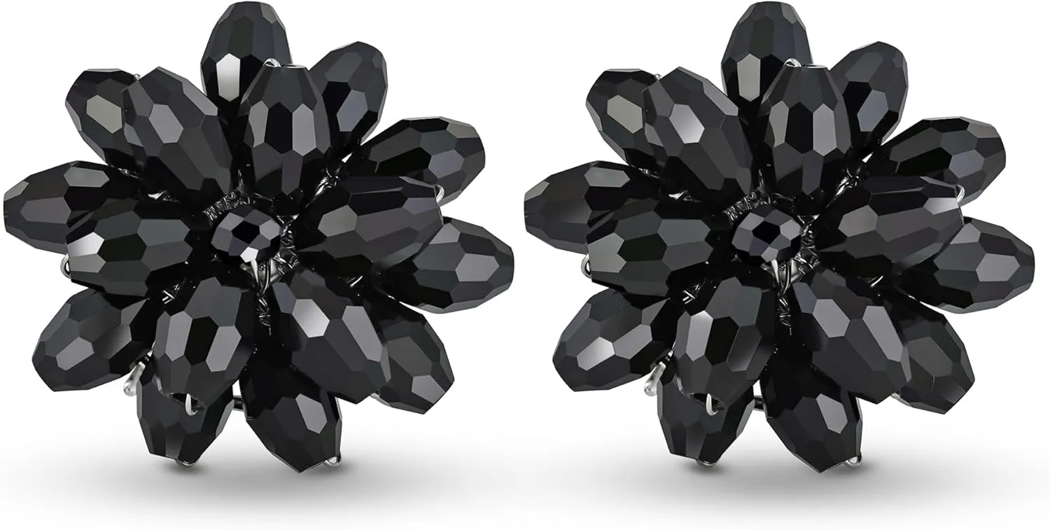 AeraVida Dazzling Black Chrysanthemum Flower Crystals Base Metal Clip on Earrings | Black Flower Clip on Earrings | Black Jewelry Earrings | Chrysanthemum Earrings for Women