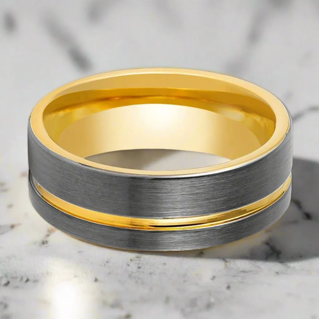 AFRIDI | Gun Metal Tungsten Ring,  Gold Inside, Offset Gold Groove, Flat