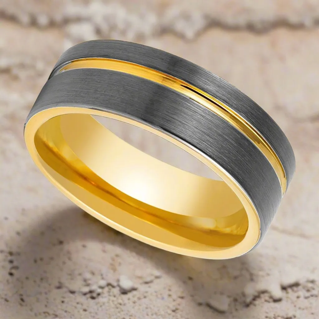 AFRIDI | Gun Metal Tungsten Ring,  Gold Inside, Offset Gold Groove, Flat