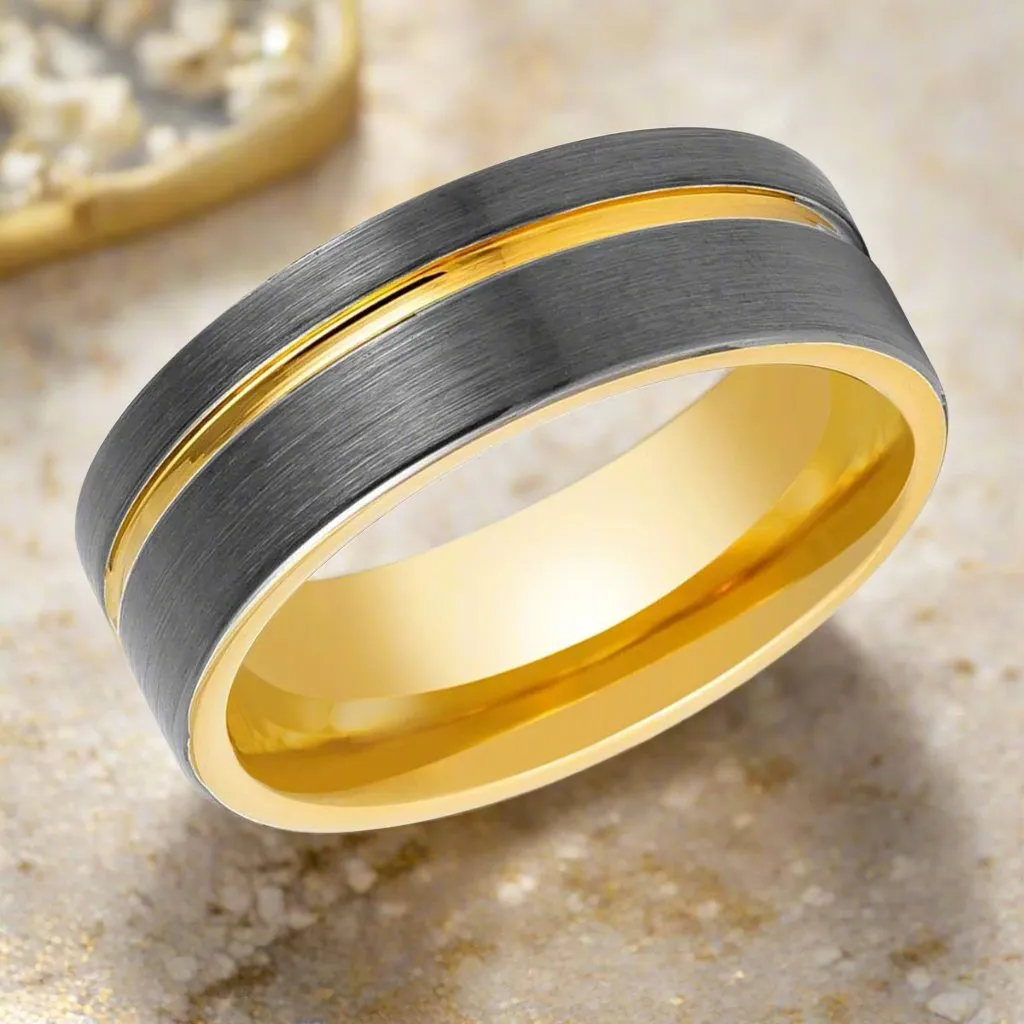 AFRIDI | Gun Metal Tungsten Ring,  Gold Inside, Offset Gold Groove, Flat