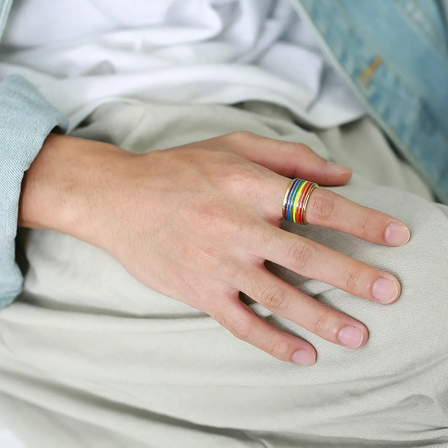 Aienid Couple Rings Matching Stainless Steel Couple Rings Set Gold LGBT Ring with Rainbow Enamel