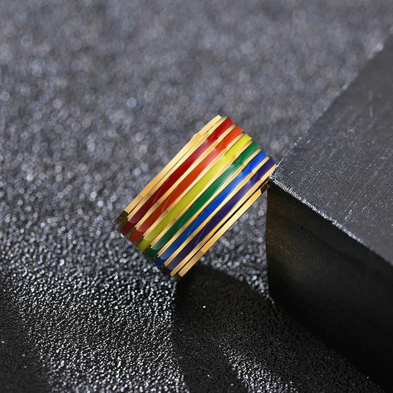Aienid Couple Rings Matching Stainless Steel Couple Rings Set Gold LGBT Ring with Rainbow Enamel