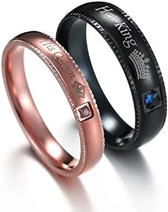 Aleafa Armlet Home Presents Beautiful Rose Gold and Black Titanium Couple Crown Rings, King/Queen Rings Stainless Steel Engagement Promise Rings for Men and Women #Aport-2531