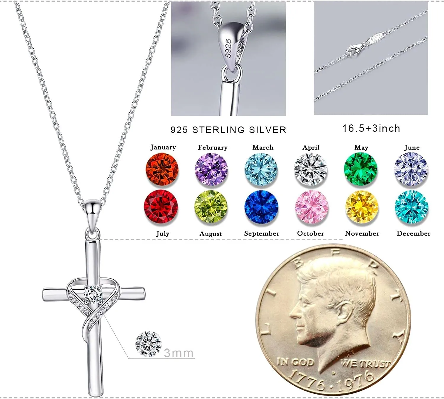 AmorAime 925 Sterling Silver Cross Necklace for Women Large Gold Cross Birthstone Faith Heart Necklaces for Easter Festival or Holiday