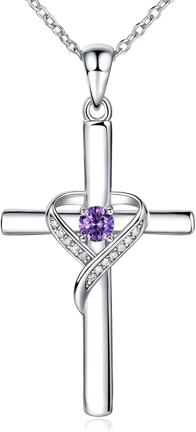 AmorAime 925 Sterling Silver Cross Necklace for Women Large Gold Cross Birthstone Faith Heart Necklaces for Easter Festival or Holiday