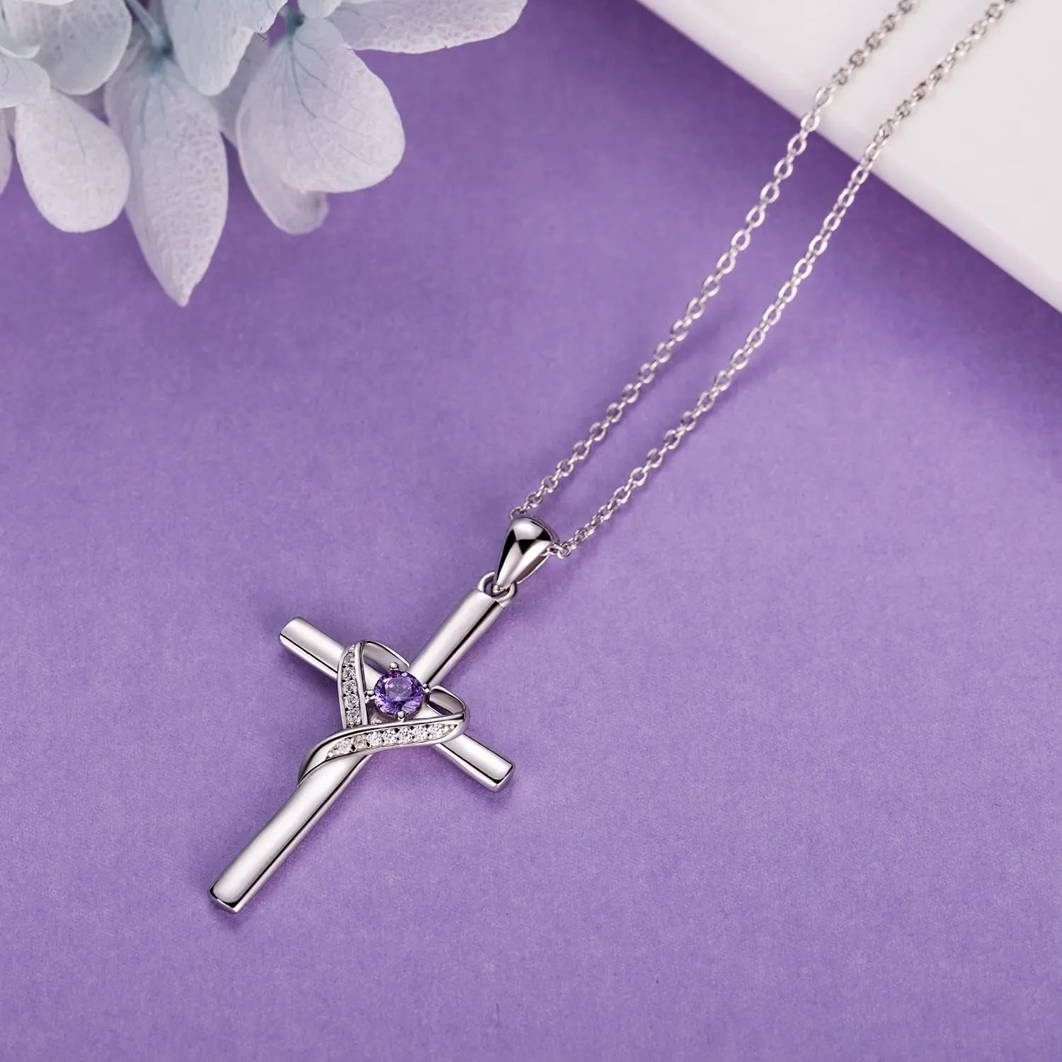 AmorAime 925 Sterling Silver Cross Necklace for Women Large Gold Cross Birthstone Faith Heart Necklaces for Easter Festival or Holiday