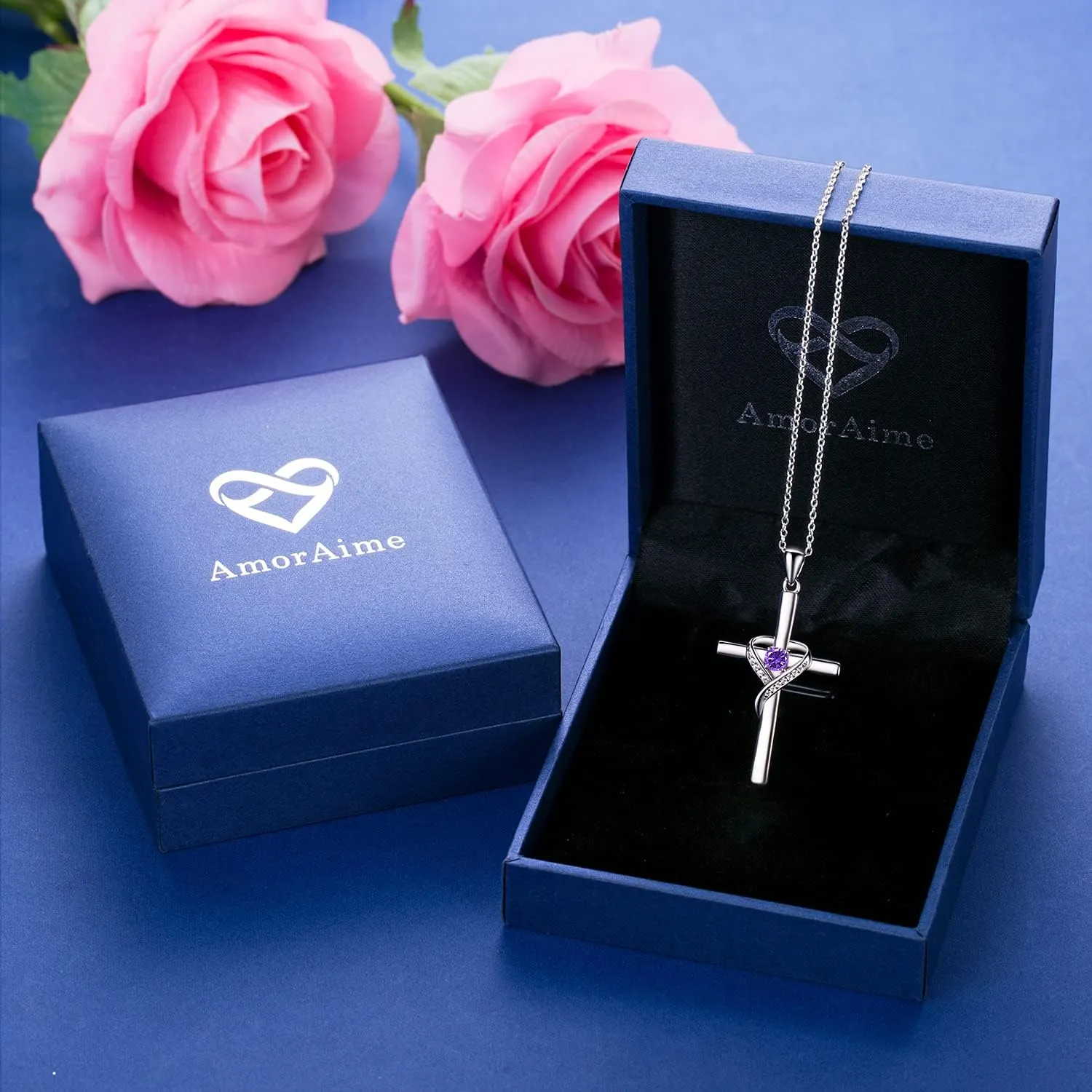 AmorAime 925 Sterling Silver Cross Necklace for Women Large Gold Cross Birthstone Faith Heart Necklaces for Easter Festival or Holiday