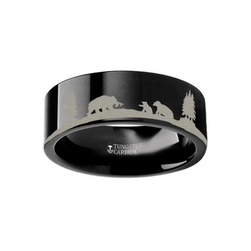 Animal Landscape Scene Bears - Bear Cubs Ring Laser Engraved Flat Couple Matching Band