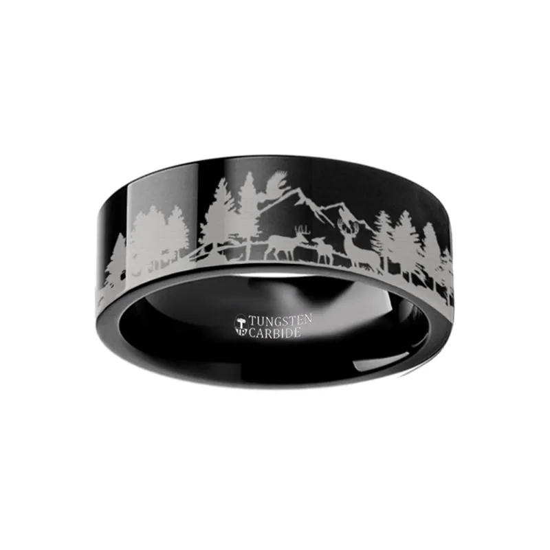Animal Landscape Scene Reindeer Deer Stag Mountain Range Ring Engraved Flat Tungsten Ring - 4mm - 12mm