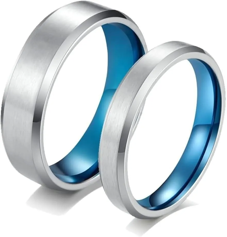 Anniversary Rings for Couple, Matching Wedding Rings Set for Him and Her Stainless Steel Comfort Fit 4mm 6mm Silver Blue Brushed Ring with Beveled Edge