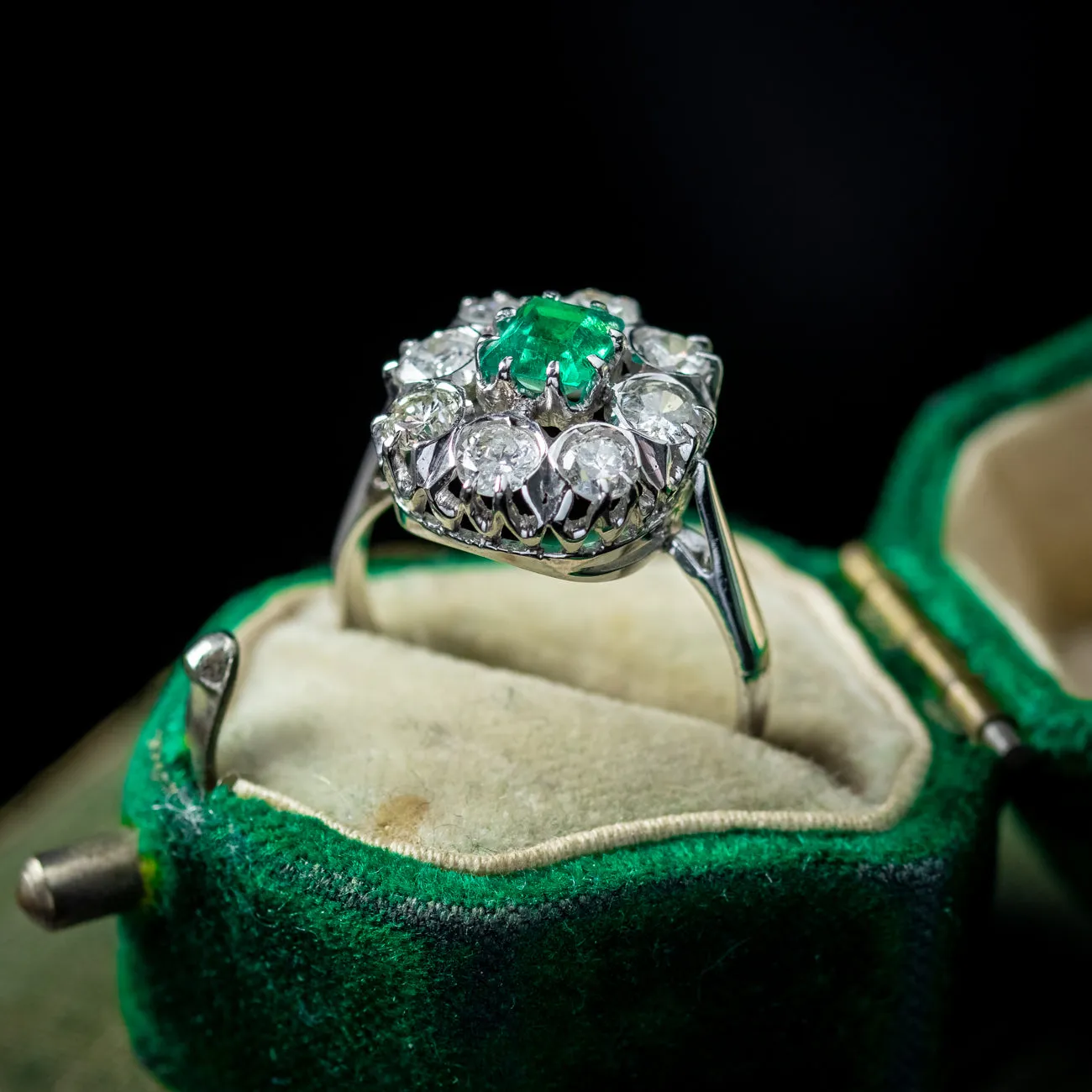 Art Deco Emerald Diamond Cluster Ring 0.38ct Emerald