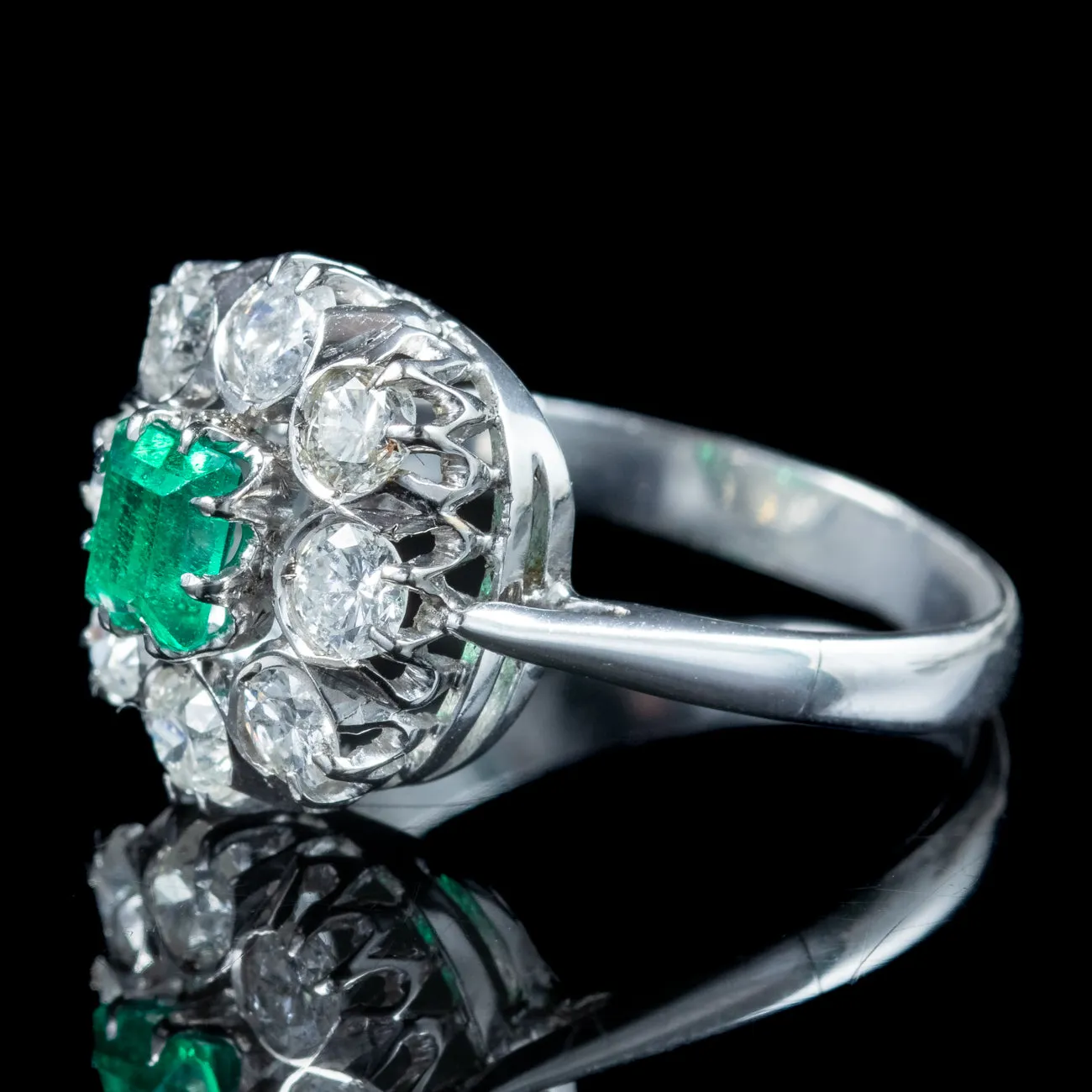 Art Deco Emerald Diamond Cluster Ring 0.38ct Emerald