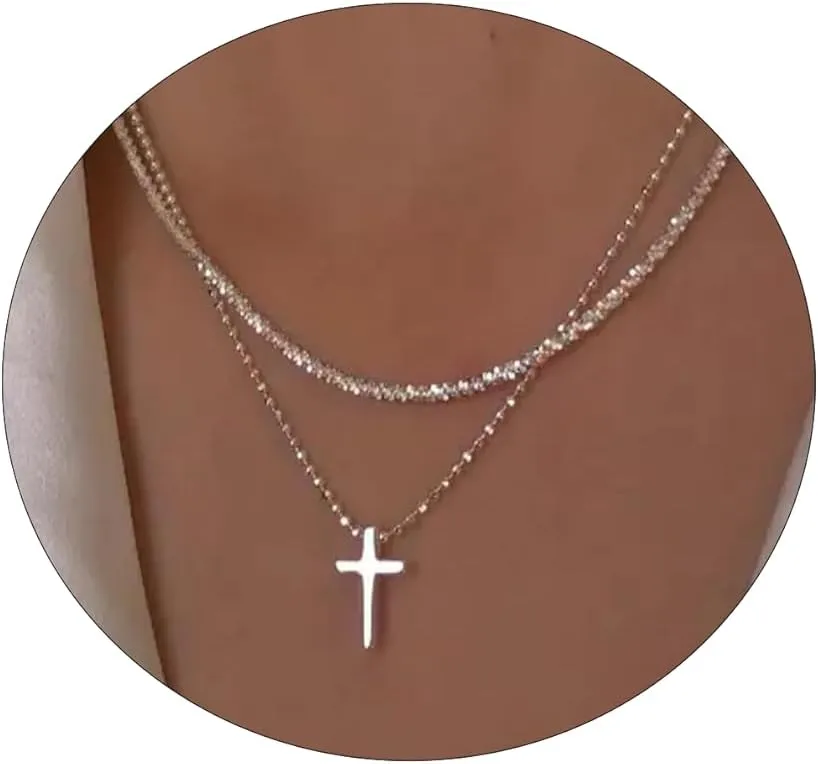 ASCOMY Cross Necklace for Women 14K Gold & Silver Plated Cross Pendant Necklace Trendy Cross Pendant Chain Necklace Minimalist Daily Decoration Jewellery For Women Dainty Religious Gift