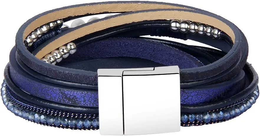 AZORA Leather Wrap Bracelets for Women Goldplated Metal Crescent Cuff Bracelet with Magnetic Buckle Casual Bohemian Wrist Bangle Jewelry Gift for Ladies Sister Mum