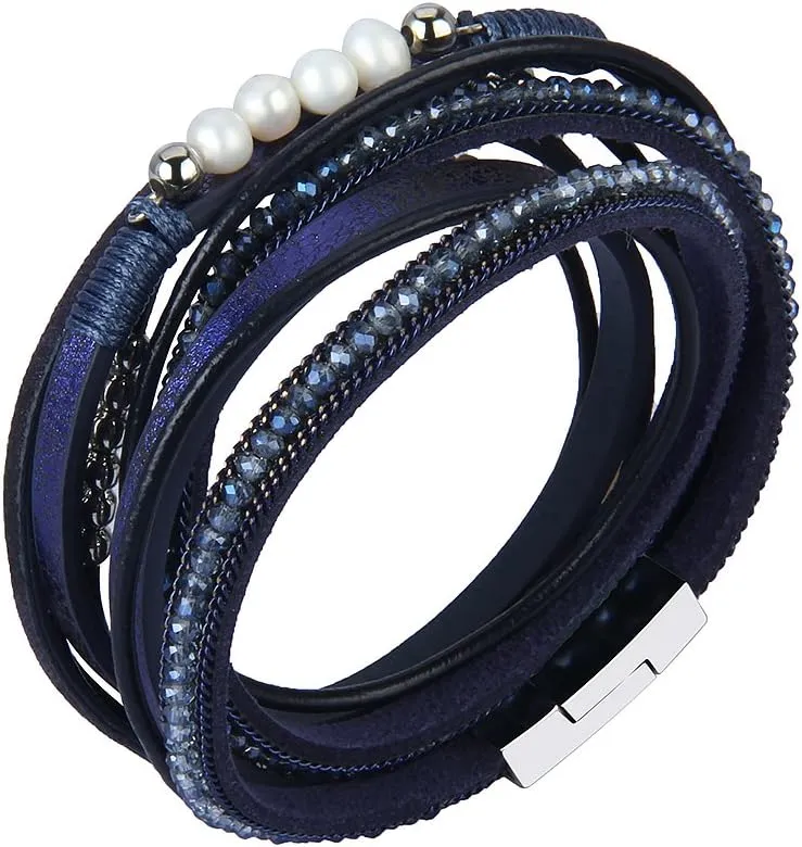 AZORA Leather Wrap Bracelets for Women Goldplated Metal Crescent Cuff Bracelet with Magnetic Buckle Casual Bohemian Wrist Bangle Jewelry Gift for Ladies Sister Mum