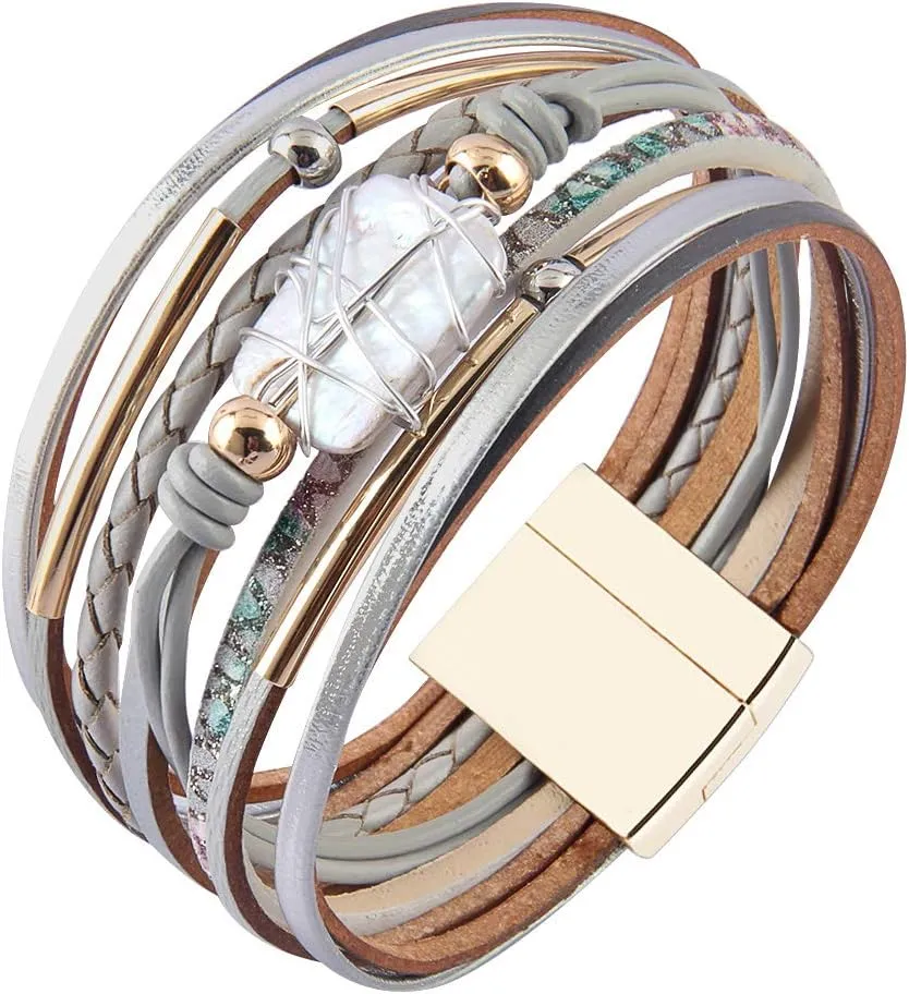 AZORA Womens Leather Cuff Bracelet Baroque Pearl Wrap Bracelets Gorgeous Gold Tube Bangle Handmade Wristbands Jewelry Bohemian Gift for Women