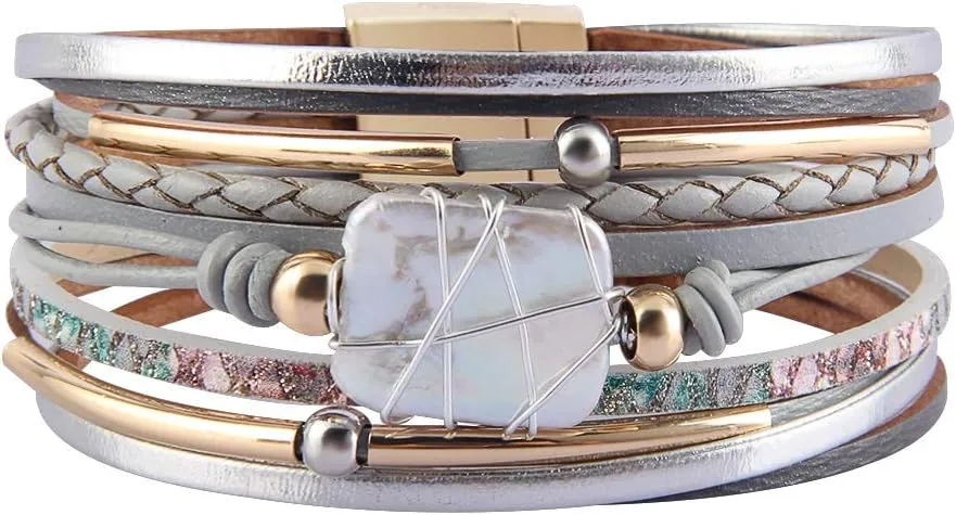 AZORA Womens Leather Cuff Bracelet Baroque Pearl Wrap Bracelets Gorgeous Gold Tube Bangle Handmade Wristbands Jewelry Bohemian Gift for Women