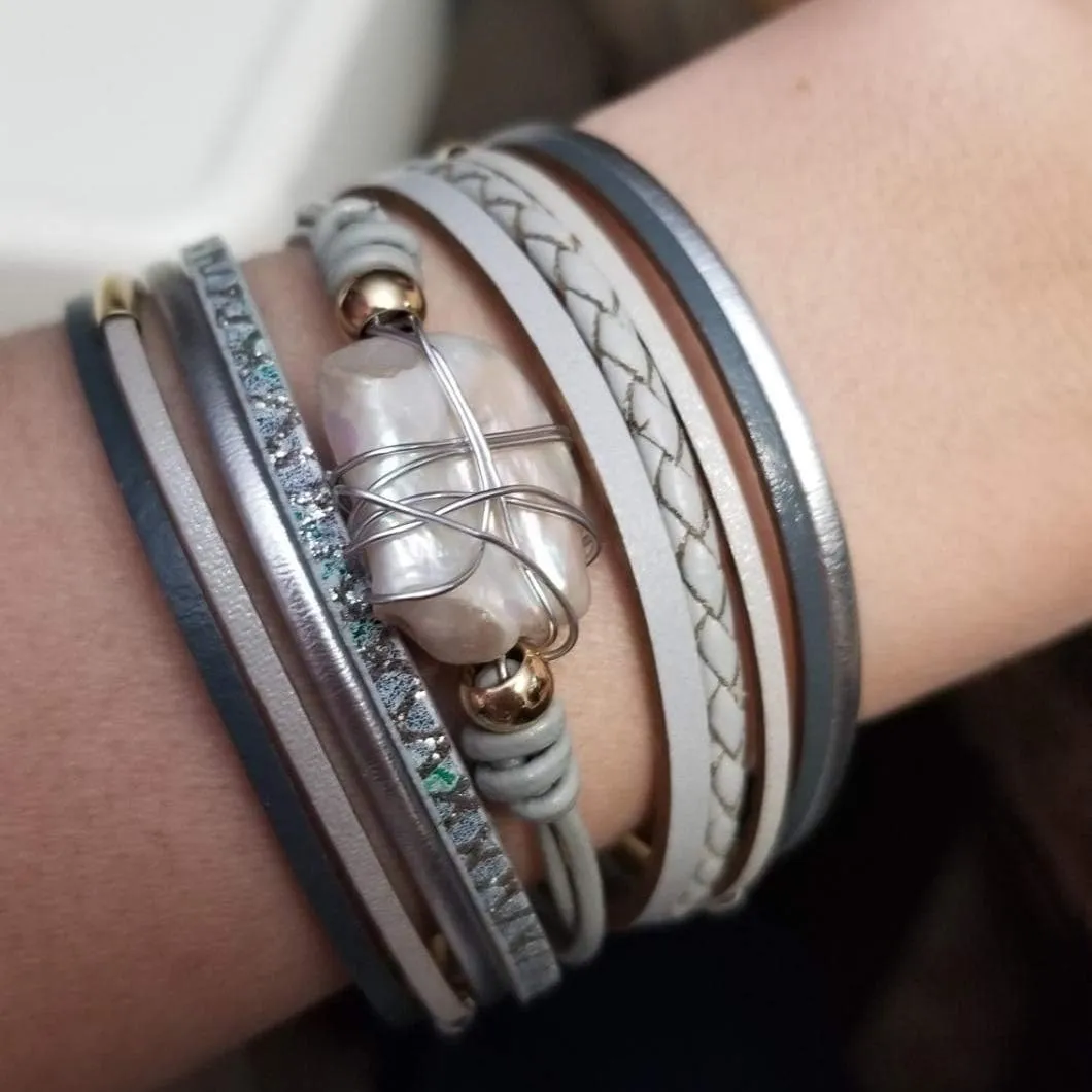 AZORA Womens Leather Cuff Bracelet Baroque Pearl Wrap Bracelets Gorgeous Gold Tube Bangle Handmade Wristbands Jewelry Bohemian Gift for Women