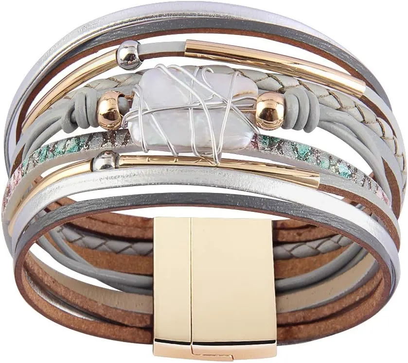 AZORA Womens Leather Cuff Bracelet Baroque Pearl Wrap Bracelets Gorgeous Gold Tube Bangle Handmade Wristbands Jewelry Bohemian Gift for Women