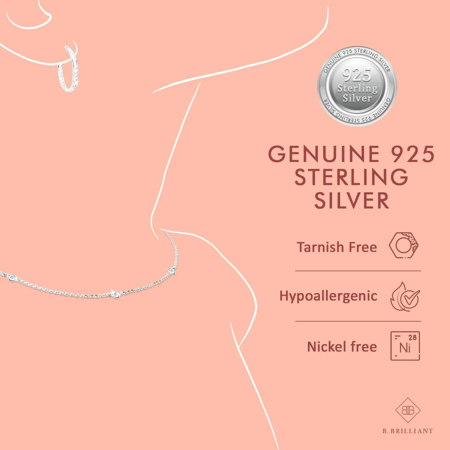 B. BRILLIANT Peridot Necklace for Women Sterling Silver 6mm Round Solitaire Bezel-Set Dainty Gemstone Choker Pendant for Summer Fashion Bridesmaids