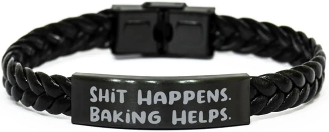 Baking Gifts For Men Women, Shit Happens. Baking Helps, Best Baking Braided Leather Bracelet, Engraved Bracelet From Friends, Leather bracelets for men, Leather bracelets for women, Handmade
