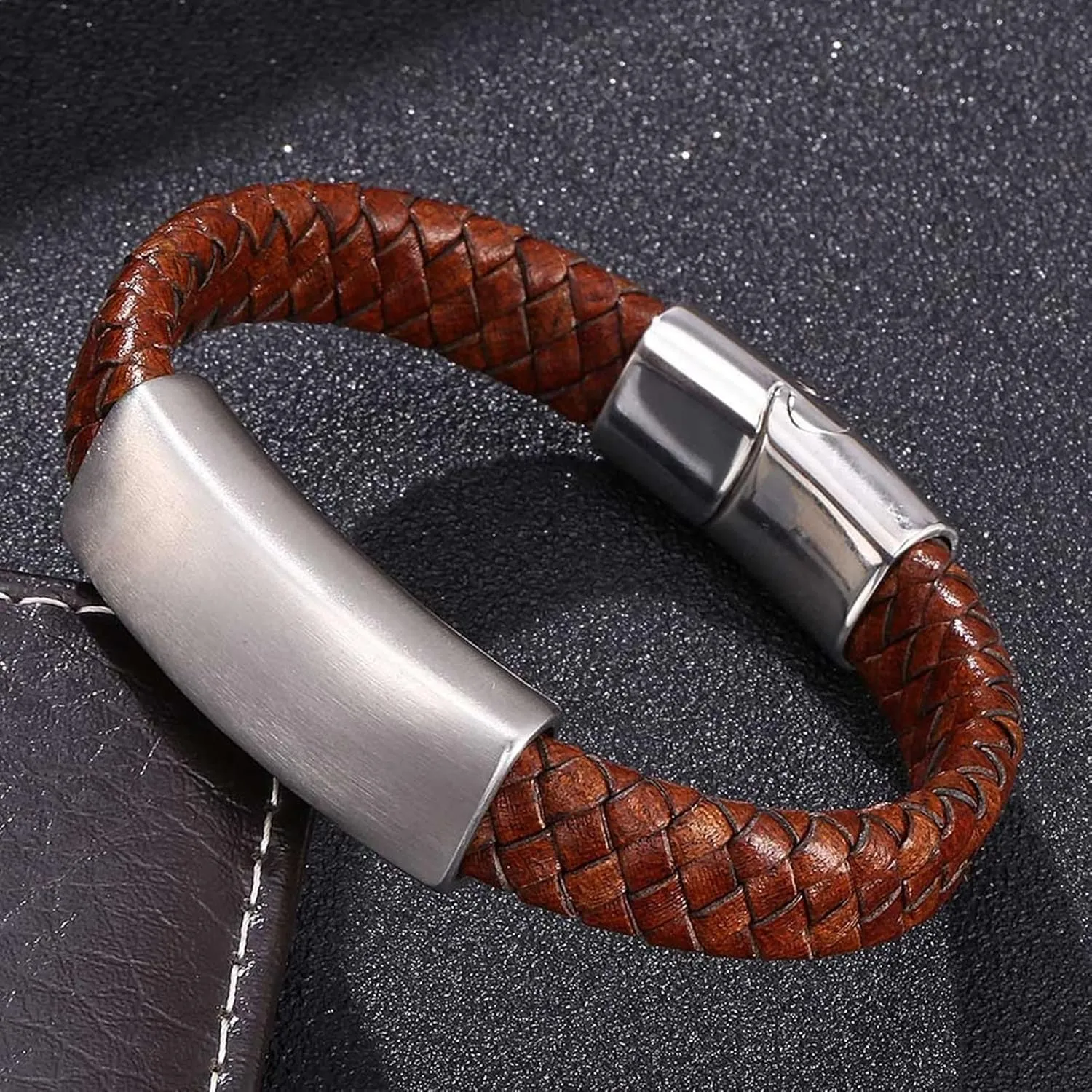 Bangle Bracelets for Men Brown, Men's Bracelets Leather Simple Style Braided Leather Cord Bracelet Stainless Steel Bracelets for Men