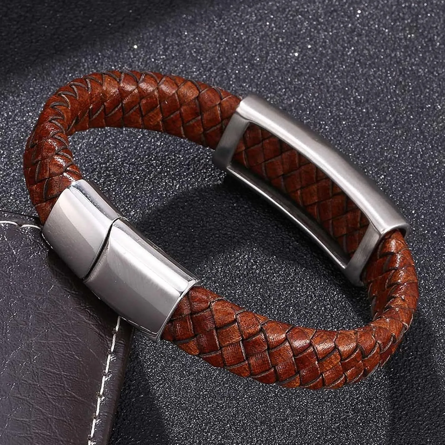 Bangle Bracelets for Men Brown, Men's Bracelets Leather Simple Style Braided Leather Cord Bracelet Stainless Steel Bracelets for Men