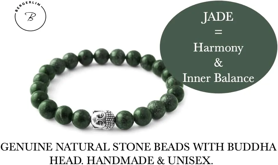 BERGERLIN - Buddha bracelet with genuine 8mm natural stone and lava stone pearls - Real natural stone bracelet - Certified Quality