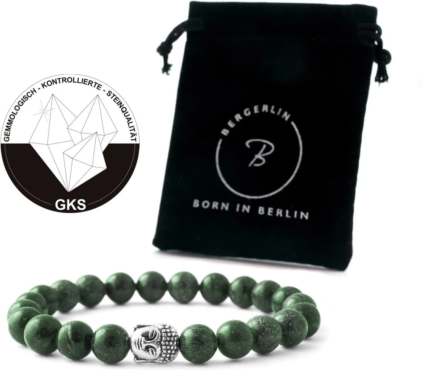 BERGERLIN - Buddha bracelet with genuine 8mm natural stone and lava stone pearls - Real natural stone bracelet - Certified Quality