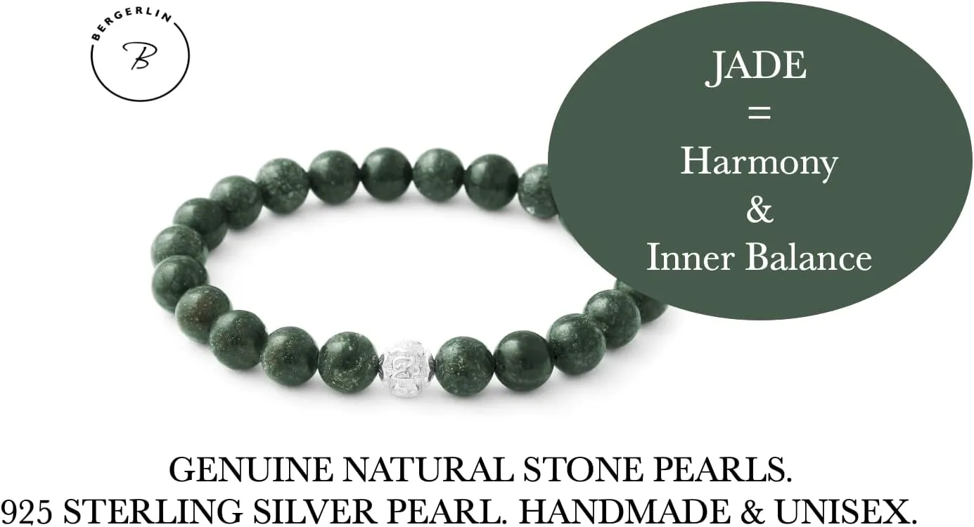 BERGERLIN - Real natural stone bracelet with 925 Sterling silver pearl and genuine 8mm natural stone pearls - Certified Quality