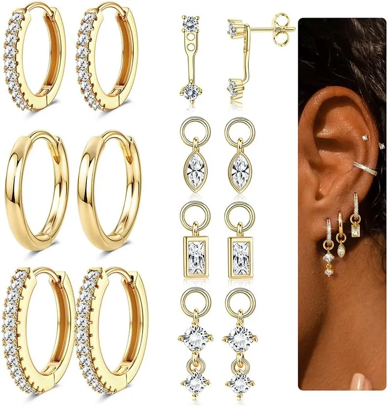 Besteel Small Gold Hoop Earrings for Women ?C Hypoallergenic 14K Gold Plated Hoops Cartilage Earring Sets for Multiple Piercing Dainty Silver Huggie Stud Earring Stacks with Charm