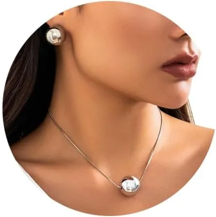 Big Bead Ball Pendant Choker Necklace Earrings Jewelry Set Snake Bone Chain Necklace Silver Ball Necklace Body Chain Wedding Party Jewelry for Womens (Silver)