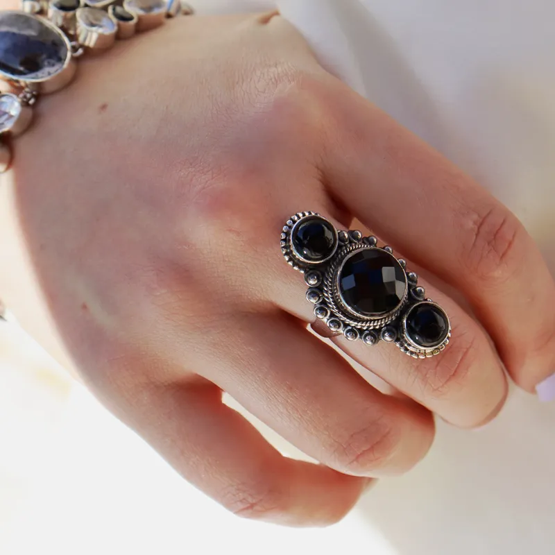 Black Onyx Triple Gemstone Ring
