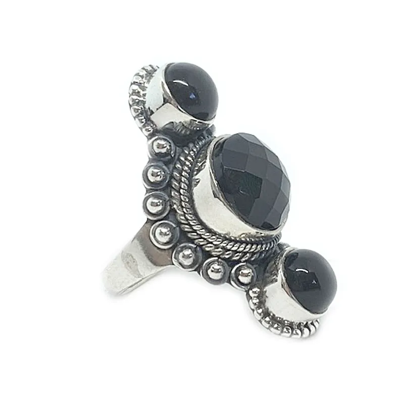 Black Onyx Triple Gemstone Ring