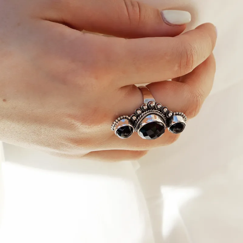Black Onyx Triple Gemstone Ring