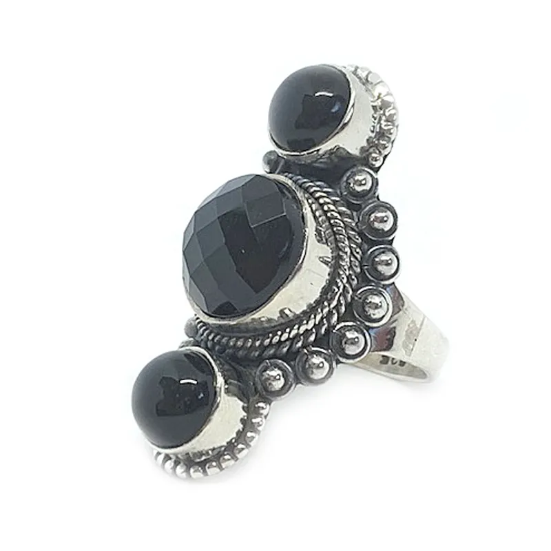 Black Onyx Triple Gemstone Ring