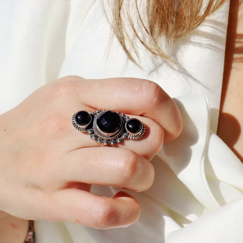 Black Onyx Triple Gemstone Ring