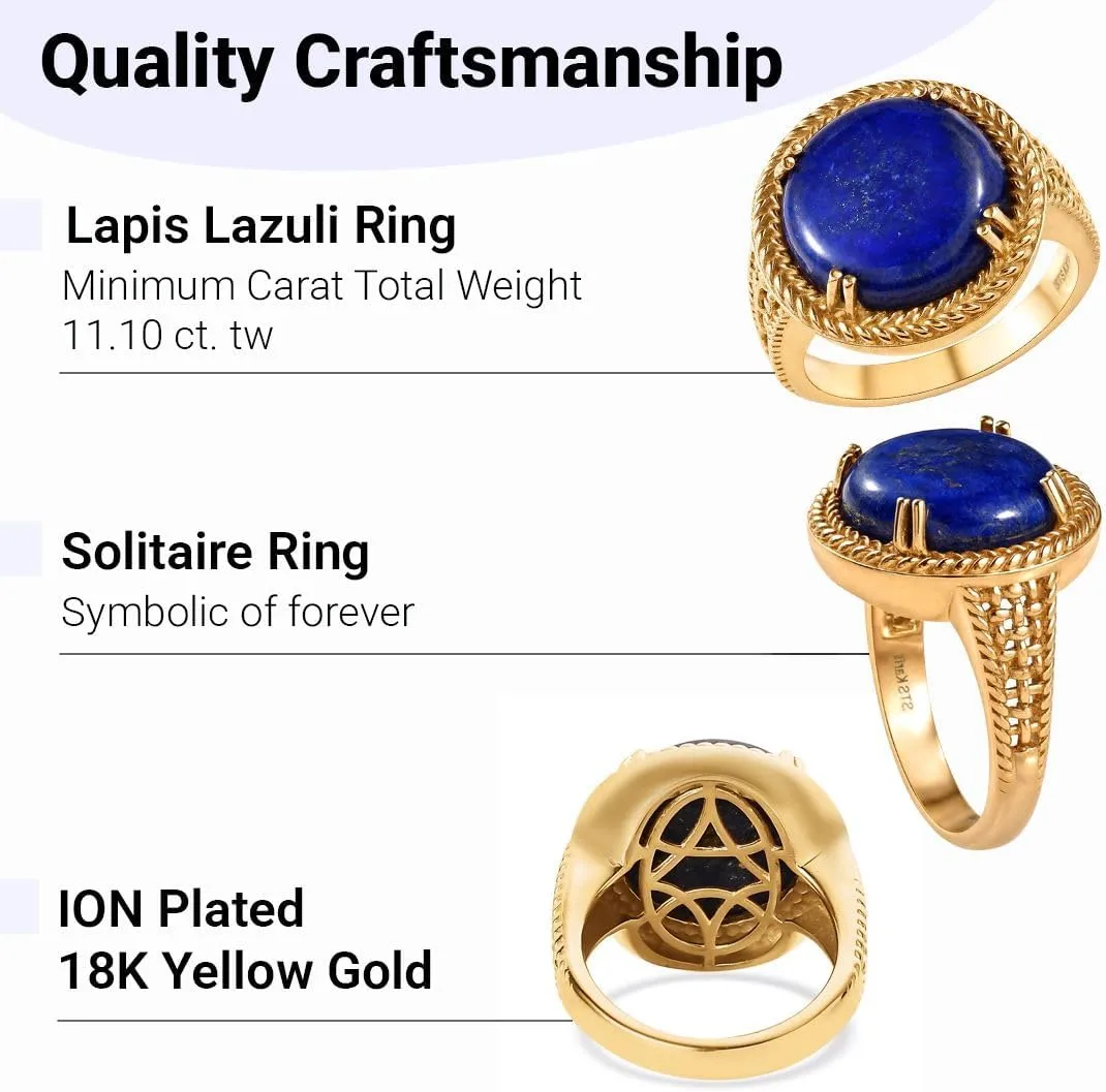 Blue Lapis Lazuli Ring ION Plated 18K Yellow Gold Ring - Birthstone Rings for Women - Statement Promise Gemstone Jewelry Mothers Day Gifts for Her