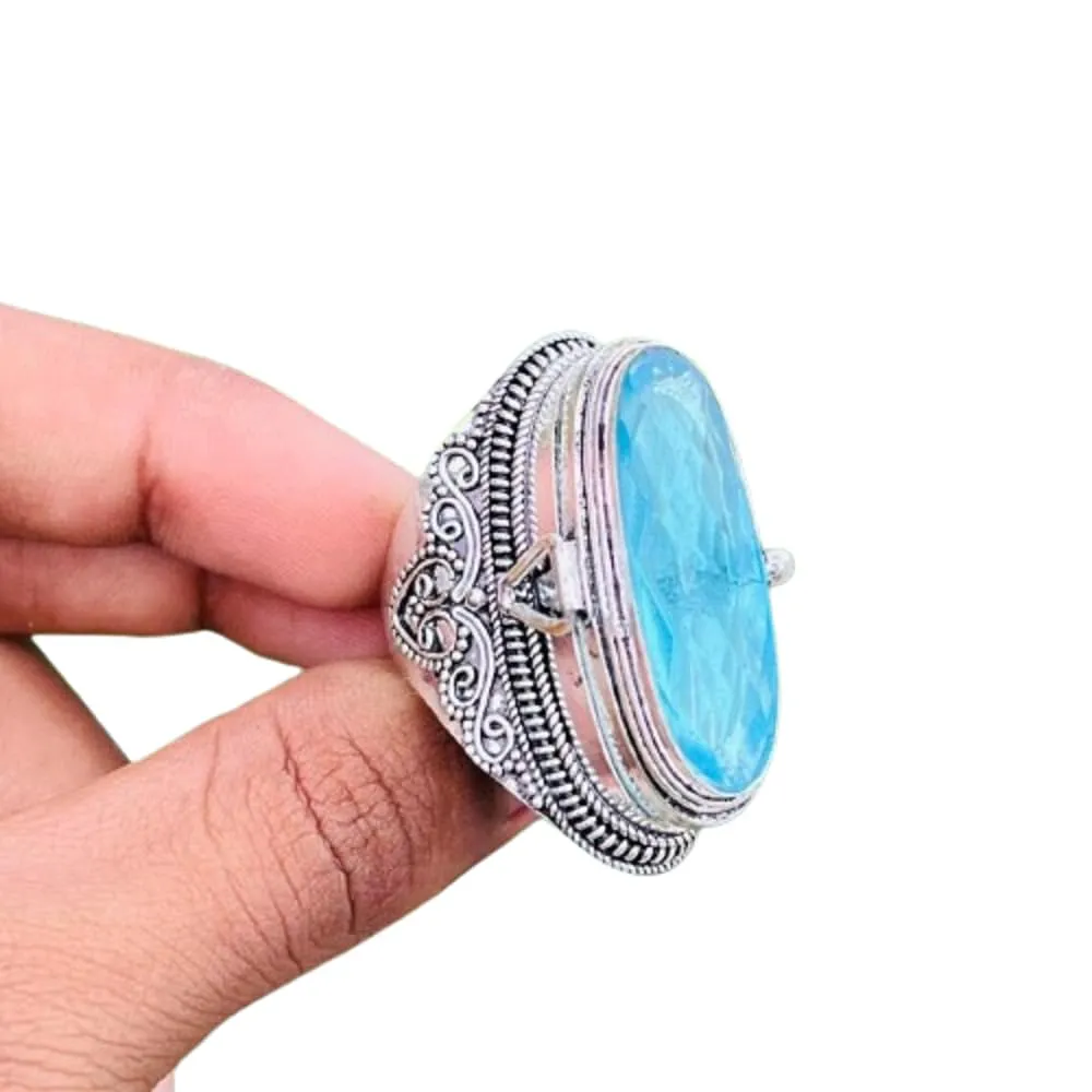 Blue Topaz Ring, Poison Box Ring, Oval Stone Ring, Snuff Locket Ring, Healing Crystal Ring, Openable Long Poison Ring, Pillbox Ring, Wedding Ring, Artisan Design Ring, Locket Ring, Blue Topaz Jewelry