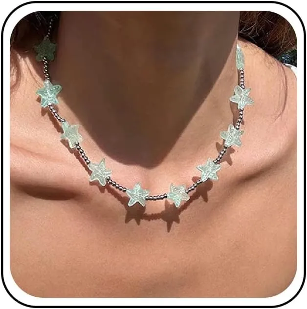 Bohemian Acrylic Star Choker Necklace Blue Enamel Starfish Collar Necklace Silver Metal Rice beads Chain Necklaces Summer Sea Star Stitching Necklaces Jewelry for Women