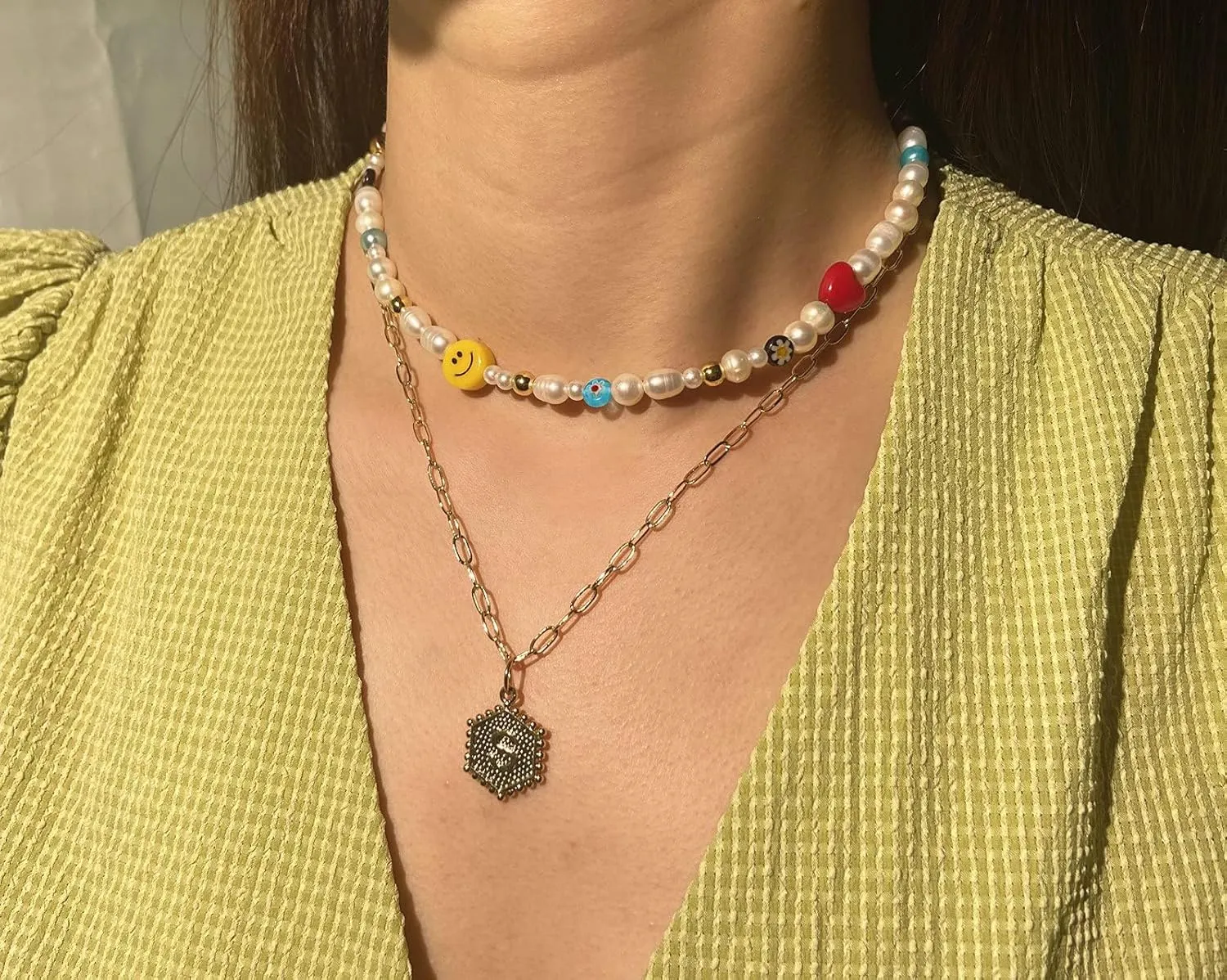 Boho Beaded Necklace for Women, Y2K Natural Pearl Beaded Necklaces Choker Summer Benchy Necklace Natural Bead Necklaces for Teen Girls Handmade Boho Jewelry Birthday Gift
