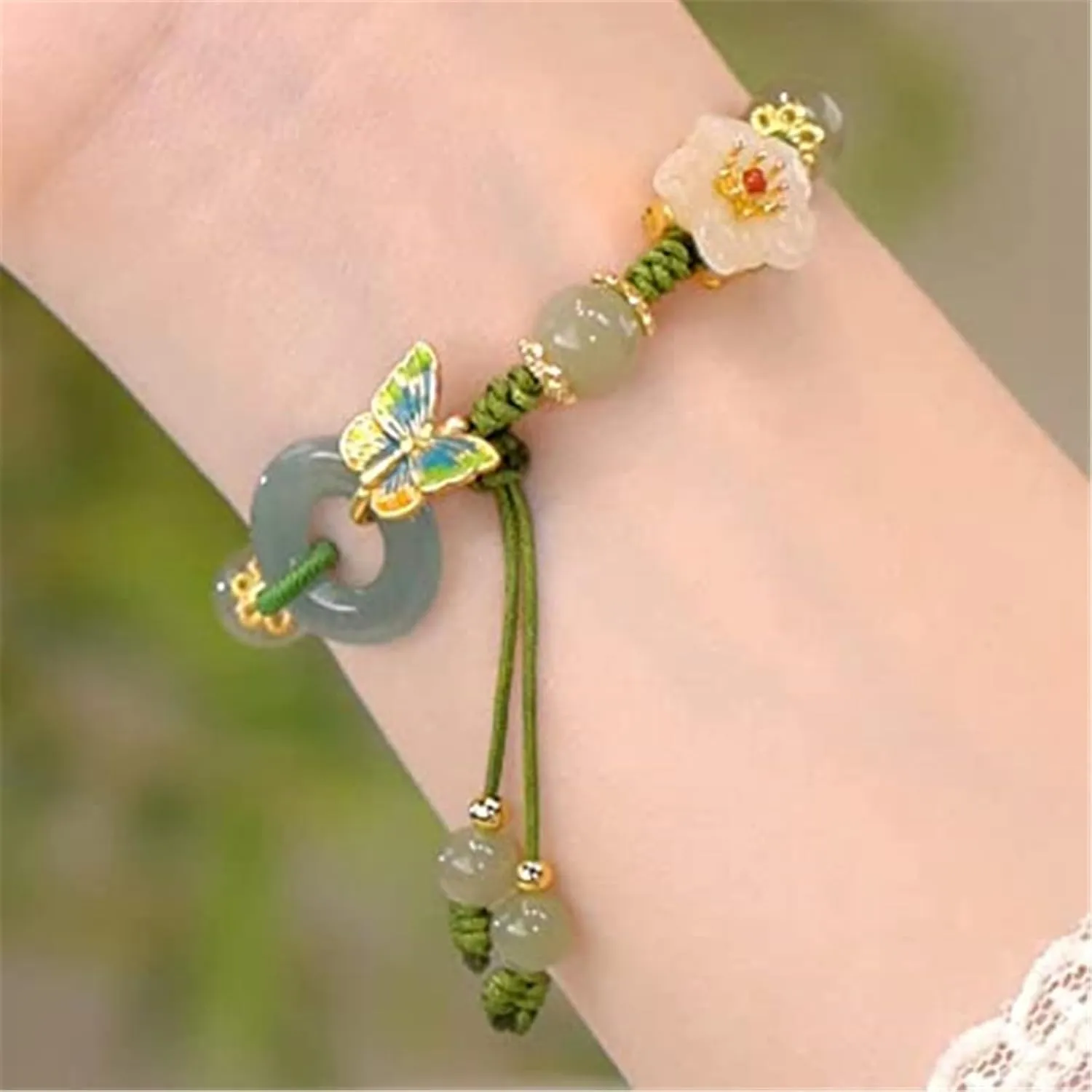Butterfly Natural Emerald Jade Stone Bracelet, Adjustable Peach Blossom Handmade Braided Jade Bracelets, Butterfly Natural Crystal Beaded Bracelet, Jade Bracelet for Women (2PCS)