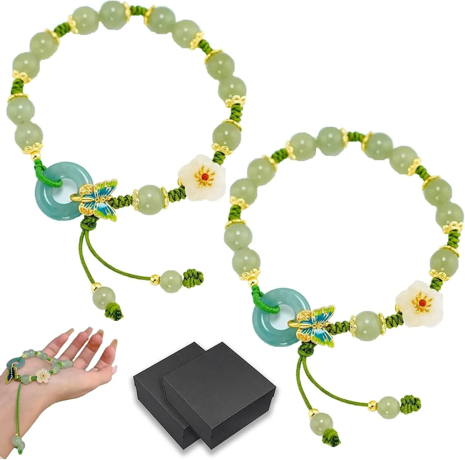 Butterfly Natural Emerald Jade Stone Bracelet, Adjustable Peach Blossom Handmade Braided Jade Bracelets, Butterfly Natural Crystal Beaded Bracelet, Jade Bracelet for Women (2PCS)