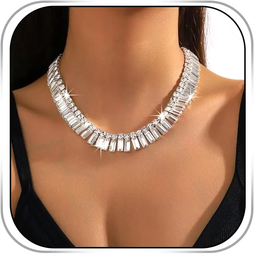 CanB Choker Necklace for Women Rhinestone Necklace Silver Crystal Necklace
